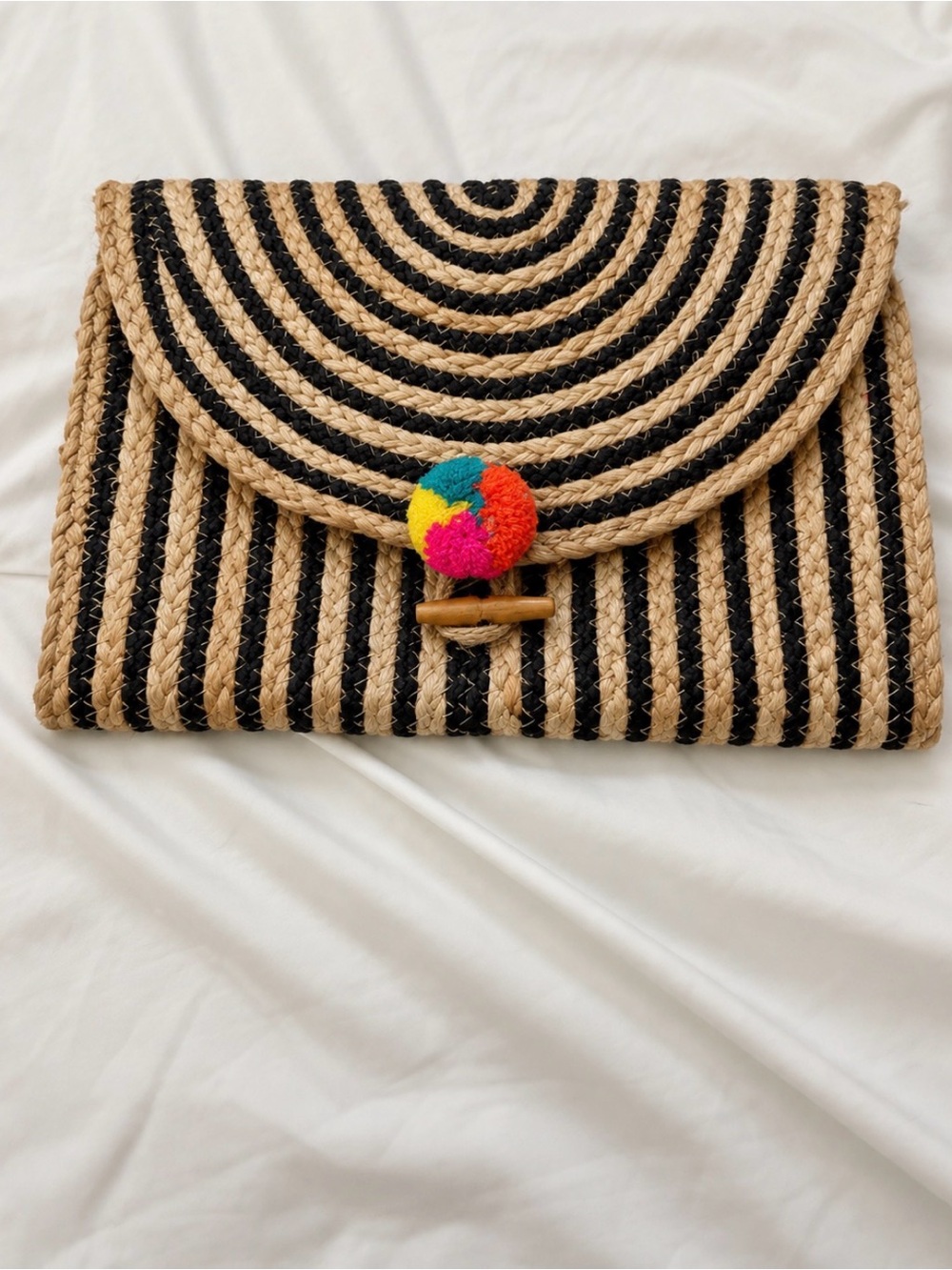 Lulu's Black and Natural Straw Stripe Clutch with Multicolor Pom